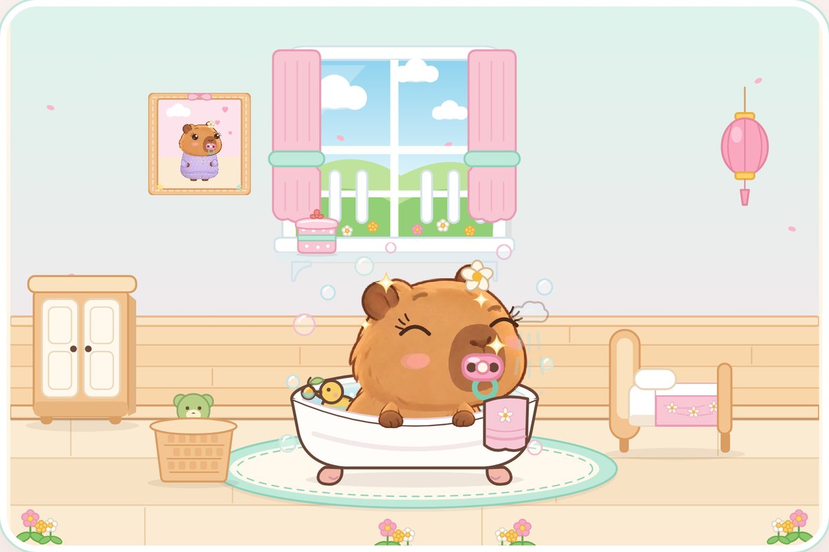 Baby Cappy in the bubble bath, keeping her Daisy and pink dummy with its mint ring.
