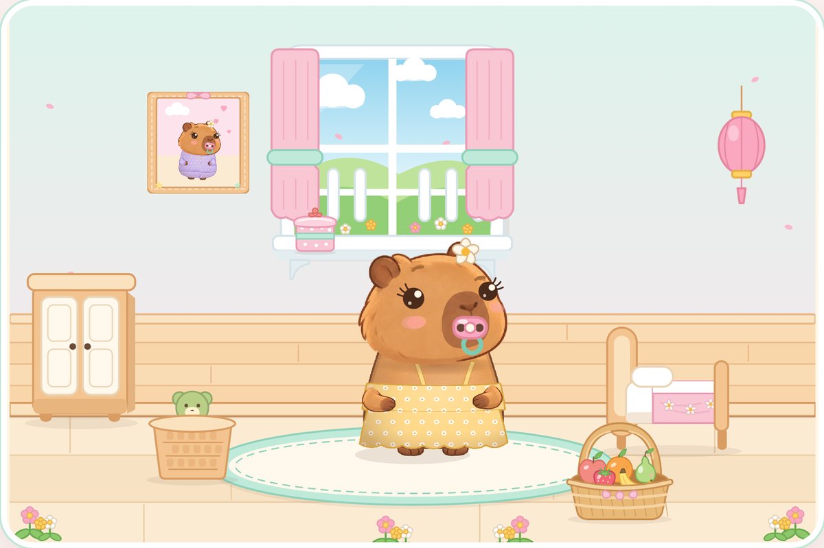 Baby Cappy in her cosy house, wearing her Sunny dress and Daisy, with her pink dummy and mint ring.