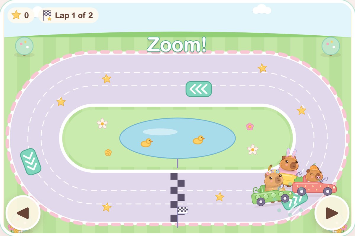 Baby Cappy racing a pretend toy car around Sunny Loop.